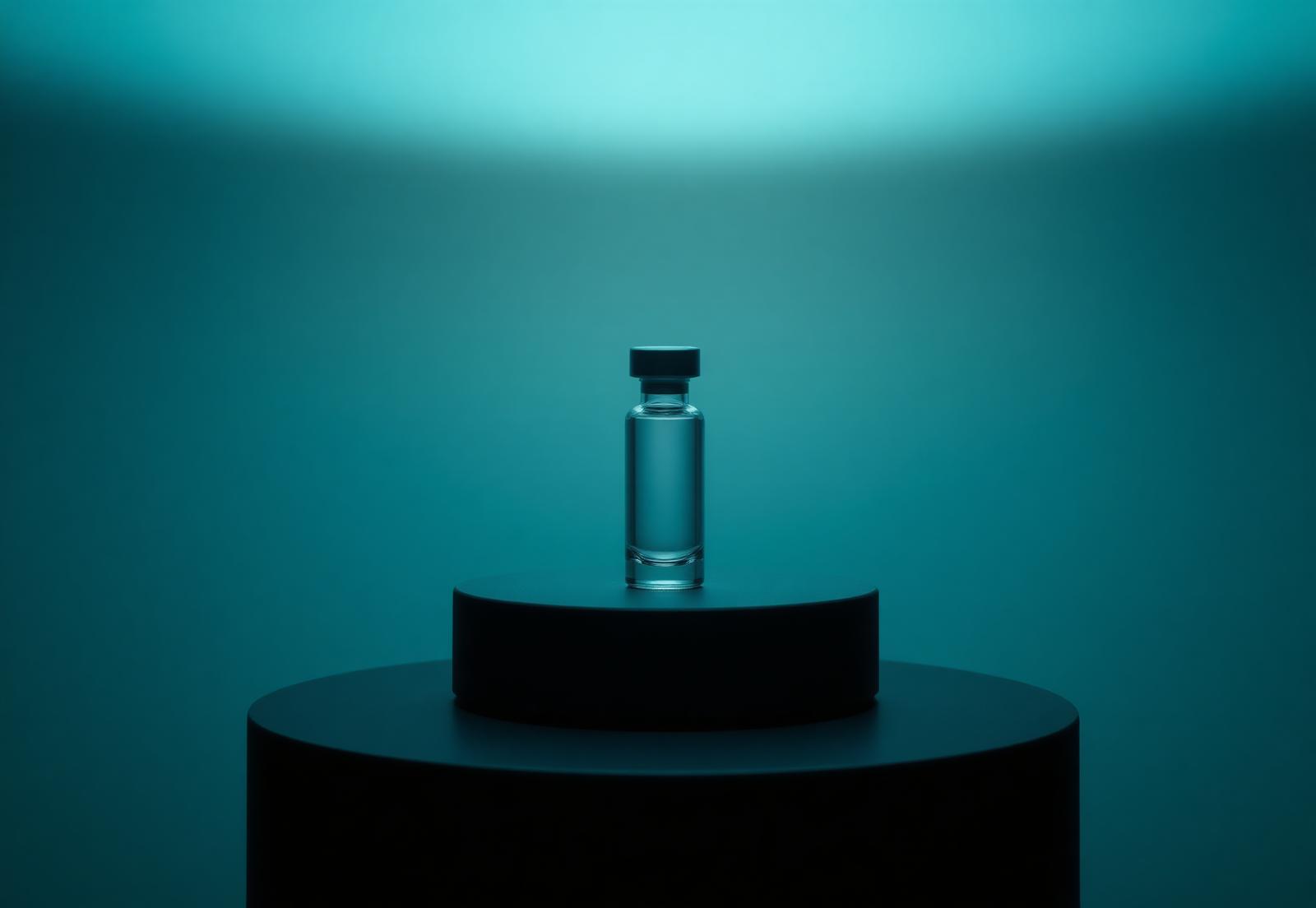 Tides Biosciences research peptide vial on a sculptural pedestal under cinematic light